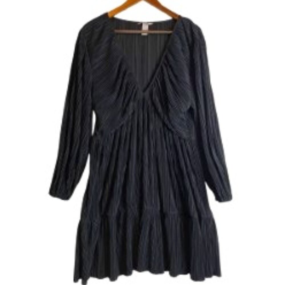 H & M WOMEN'S BLACK DRESS NARROW PLEATED JERSEY V-NECK SIZE 12